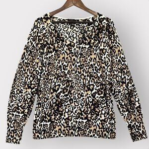 Talbots Sweater Women Size L Brown Animal Print V Neck Long Sleeves‎ S62
